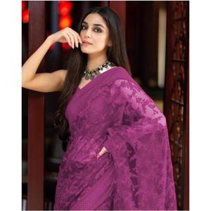 DISEÑADOR SUPER NET BORDADO TRABAJO SAREE CON BLUSA SIN COSTAR VIOLETA - Product Image 3