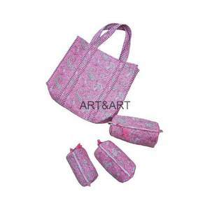 Stylish Cotton Fabric Quilted Tote Bag Cosmetic Pouch Set Zipper/Open Durable Spacious Design for Beach Daily Use Vintage - Product Image 1