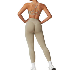 <b>Seamless</b> Yoga Set 2 Piece High Waist Crop Top & <b>Leggings</b> Solid Color Crisscross Back Sport Wear for Women - Product Image 1