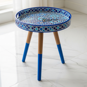Handcrafted Blue Decorative <b>Stool</b> – <b>Round</b> Wooden Seating for Living Room Stylish Modern Accent Furniture - Product Image 1