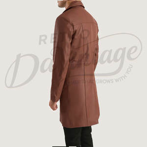 Manteau trench-coat en cuir véritable marron pour homme, coupe classique slim, long, chaud et doux pour l'hiver. - Product Image 2