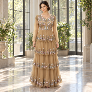 Sophisticated Floral Embellished Evening Gown V Neck Sheer Long Sleeves Tiered <b>Skirt</b> | Champagne A-Line Floor <b>Length</b> Party Dress - Product Image 2