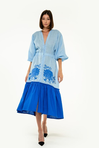 Women Cotton Embroidered <b>Boho</b> <b>Dress</b> Blue Floral V Neck Puff Sleeve Tiered Casual <b>Summer</b> Midi <b>Dress</b> - Product Image 4