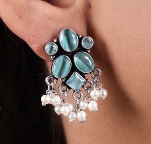 Pendientes Colgantes de Perlas Plateadas Oxidadas de Latón al por Mayor, Estilo Bohemio Vintage con Gemas, Joyería Tribal India Hecha a Mano, ARTS JEWELS para Mujer - Product Image 4