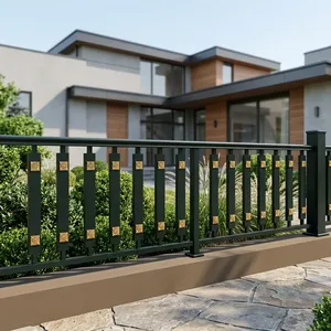 Rampe de balcon moderne en métal noir avec accents floraux dorés, design à barres verticales pour terrasses extérieures, escaliers et extérieurs de maisons - Product Image 4