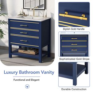 Modern 30-Inch Navy Blue/White Bathroom Vanity Combo with <b>Open</b> <b>Storage</b> & Two Drawers - Product Image 6