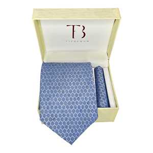 Cravate géométrique en cachemire Tie Benon et pochette assortie en bleu poussiéreux, vert marais, bleu marine pour tenue de marié - Product Image 2