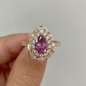 Anillo de compromiso de oro macizo de 14k con circonita cúbica talla pera y halo de diamantes morados, estilo vintage, joyería de moda - Product Image 2