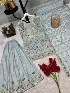 Light Blue Silk Traditional Indian Pakistani <b>Women</b> Floor-Length <b>Kurta</b> Set With Dupatta Loose Fit Ethnic Outfit All Seasons - Product Image 4