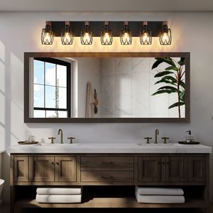 Applique Industriale Vintage a 7 Luci Nera a Gabbia con Dettagli in Legno per Illuminazione Bagno, Corridoio, Soggiorno - Product Image 5