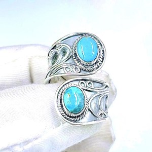 925 Sterling <b>Silver</b> Turquoise Bypass <b>Ring</b> Double Oval Gemstone Boho <b>Statement</b> Jewelry - Product Image 1