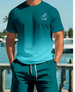 Ensemble T-shirt et short dégradé pour homme, col rond, tricoté, séchage rapide, tenue décontractée, imprimé logo frontal - Product Image 3