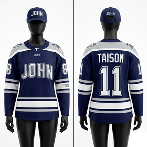 Maillot de hockey sur glace pour femmes, tissu polyester respirant de qualité supérieure 220 GSM, panneaux rayés bleu marine et blanc, logo brodé personnalisé - Product Image 1