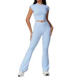 Ensemble de Yoga taille moyenne pour femmes respirant cordon fermeture Legging Slim Fit soutien-gorge Fitness hauts pantalons serrés motif solide - Product Image 6