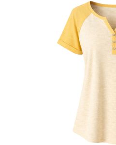 Beige Yellow Women T <b>Shirt</b> Short Sleeve Henley Neck Raglan Tee Soft Cotton Casual Summer Top Comfortable Daily Wear Stylish - Product Image 4