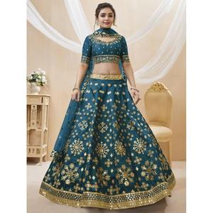 Hermoso Lehenga Choli de Seda con Trabajo de Espejo Azul, Semi-Cosido, para Bodas, de Zeel Clothing - Product Image 6