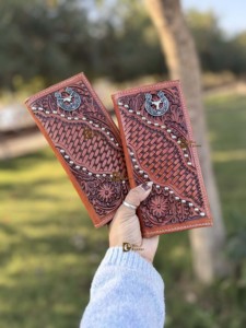 Premium Western Turquoise Accent <b>Leather</b> Wallet Handcrafted Western Style <b>Tooled</b> <b>Leather</b> Long Wallet - Product Image 3