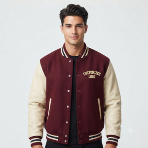 <b>Men's</b> Maroon Varsity <b>Jacket</b> Embroidered Logo Back Preppy Style Turn-down Collar Regular Fit Autumn Wear Casual <b>Baseball</b> Style - Product Image 6