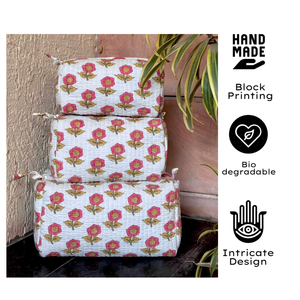 White Pink Floral Quilted Cotton Pouch Set Hand Block Print Toiletry <b>Makeup</b> Stationary Jewellery Craft <b>Storage</b> Travel Gift - Product Image 2