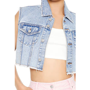 เสื้อแจ็คเก็ตยีนส์ผู้หญิงดีไซน์ใหม่ขายส่ง สตรีทแวร์ ผ้าฝ้าย 100% ยืดได้ ล้างสีแบบแอซิด แจ็คเก็ตครอปท็อป เสื้อแจ็คเก็ตแขนกุดผู้หญิง - Product Image 6