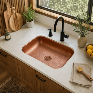 Fregadero de cocina rectangular de cobre martillado hecho a mano, estilo rústico con delantal frontal, de un solo tazón, para preparación de alimentos, fabricante OEM ODM, venta al por mayor - Product Image 4