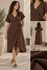 Premium Woven Cotton <b>Linen</b> Knee-Length Breathable Solid Color <b>Wrap</b> Short Sleeve Casual Gown Natural Waist A-Line Silhouette - Product Image 3