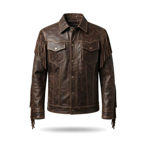 <b>Western</b> Style Leather <b>Jacket</b> For Men Fringe Embossed Cowboy Outerwear For Casual Streetwear Travel And Outdoor Fashion - Product Image 1
