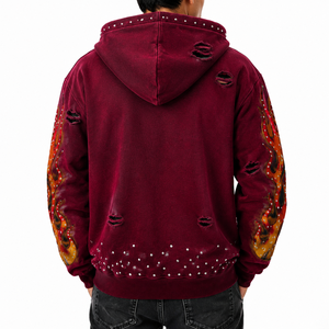 Sweat à capuche zippé 100 % coton délavé à l'acide, coupe ample, avec graphisme personnalisé en strass, effet vieilli, style streetwear, logo personnalisé - Product Image 3