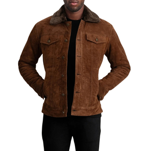 <b>Men's</b> Brown <b>Suede</b> Leather <b>Jacket</b> Turn-down Collar Button Closure Solid Color Casual Winter Wear Regular Fit - Product Image 5