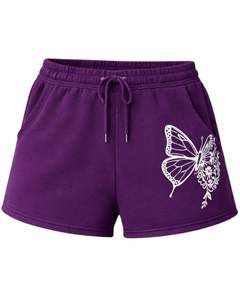 Shorts en molleton de coton violet pour femme, personnalisés par le fabricant, avec imprimé papillon blanc, décontractés, pour l'été, la détente, la gym, le streetwear, la mode - Product Image 1