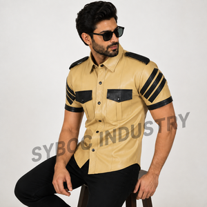 Camisa de Cuero para Hombre, Manga Corta, Beige, Camel, Negro, Contraste, Doble Bolsillo, Manga a Rayas, Estilo Safari, Casual, Vacaciones - Product Image 2
