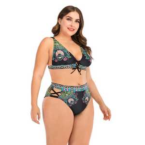 Women's Plus Size Paisley Print Bikini Set <b>Crossed</b> Halter <b>Top</b> High Waist Bottom Spandex Polyester Swimwear - Product Image 2
