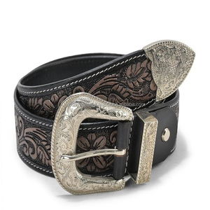 Ceinture d'outillage en cuir Wester pleine fleur de luxe personnalisé en vente chaude pour les hommes ceinture en cuir usiné à gravure florale au design 3D - Product Image 2