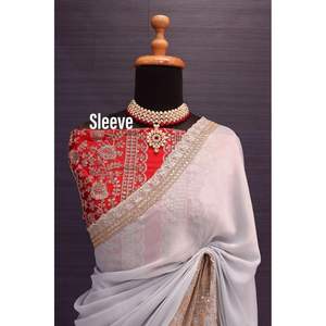 Saree fantaisie en soie brodée Rangoli avec chemisier en soie 100% non cousu couleur blanche - Product Image 5