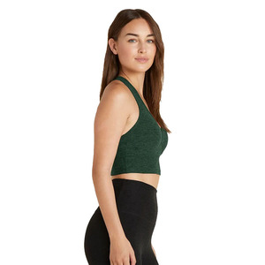 Soutien-gorge de sport vert à col en V et dos nageur pour femme, maintien moyen, sans coutures, respirant, séchage rapide, couleur unie, pour yoga et fitness - Product Image 1