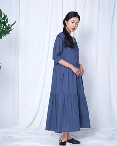Premium Blue V-Neck Cotton Linen Maxi <b>Dress</b> With Short Sleeve <b>Loose</b> Fit Button Front Casual Daily Wear - Product Image 3