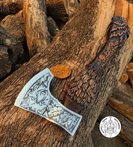 Wholesale Hand Forged Viking Bearded <b>Axe</b> with Carved <b>Wooden</b> Handle Bushcraft Camping Hatchet Gift Box and Leather Sheath - Product Image 4