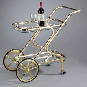 Carrito de Bar de Vidrio en Forma de Z, Dorado y de Lujo, con Ruedas Grandes Tipo Vagón, Carrito de Vino Rodante de 2 Niveles, Elegante Carrito para Servir Bebidas para Hotel - Product Image 1