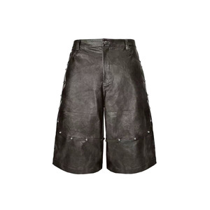 Men's Mid Waist Black Leather Bermuda Shorts Embroidery Decoration Drawstring Closure Cargo Style Waterproof Breathable - Product Image 1