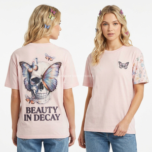 Camiseta Corta de Algodón Rosa Coral de 160GSM para Mujer, Estilo Boxy, con Estampado Gráfico de Calavera 'Time's Remains Gear', Largo Corto, Ropa Urbana, Venta al por Mayor - Product Image 2