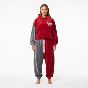 Conjunto de dos piezas de terciopelo con bloques de color para mujer: Sudadera con capucha de manga larga oversize y hombros caídos, y pantalón jogger. - Product Image 5