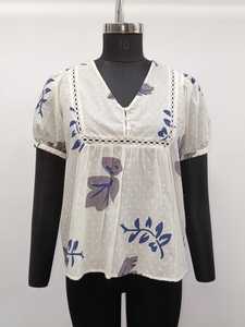 V-Neck Floral Print Woven <b>Lace</b> Cotton Top with Cap <b>Sleeves</b> Button Detail Breathable Spring Casual Regular Fit White Blue - Product Image 1