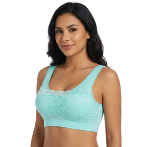 Soutien-gorge de sport vert menthe pour femme avec dentelle florale, maintien moyen, respirant, en Spandex et Polyester - Product Image 4