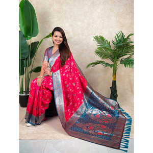 ผ้าไหมทอสีชมพูแบบ Banarasi Jaal Zari สำหรับทำชุดส่าหรี  เสื้อผ้าอินเดียและปากีสถาน  งานทอระดับพรีเมียม  650 กรัม - Product Image 4