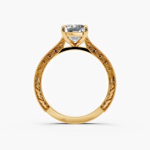 Anillo de compromiso y boda solitario vintage de oro amarillo de 14K con diamante cultivado en laboratorio de corte esmeralda de 2.00 CT, banda grabada con milgrain y 4 puntas - Product Image 4