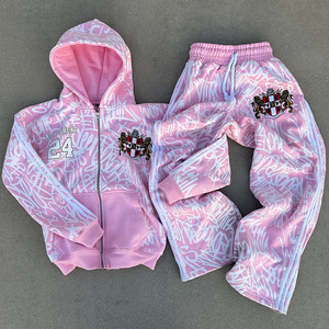 Ensemble de survêtement rose rayé imprimé sur toute la surface, 2 pièces, sweat-shirt à fermeture éclair et pantalon en coton pour femmes - Product Image 1