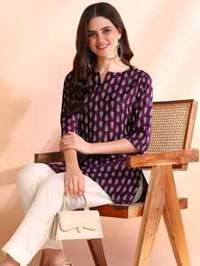 Kurti Informal Étnico de Rayón con Estampado Floral Indio para Mujer, Cuello en V, Manga Corta, Material Reciclado, Largo Midi, Corte Regular, para Fiesta - Product Image 4