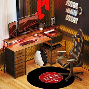 Rustic Brown 67\" PC Desk with <b>Power</b> Outlets LED Lights <b>File</b> Cabinet Fabric Drawers - Product Image 2