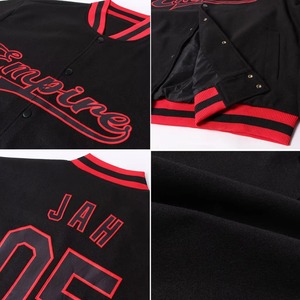 Veste de sport personnalisée pour homme, noire et rouge, avec nom et numéro brodés, style sportif, automne, polyester, fermeture à boutons, col rabattu décontracté - Product Image 4
