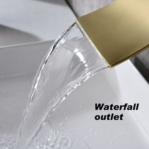 Rubinetto a Cascata Moderno da Bagno a Parete con Maniglia Singola o Doppia, Miscelatore per Lavabo in Ottone con Finitura Oro Spazzolato - Product Image 4